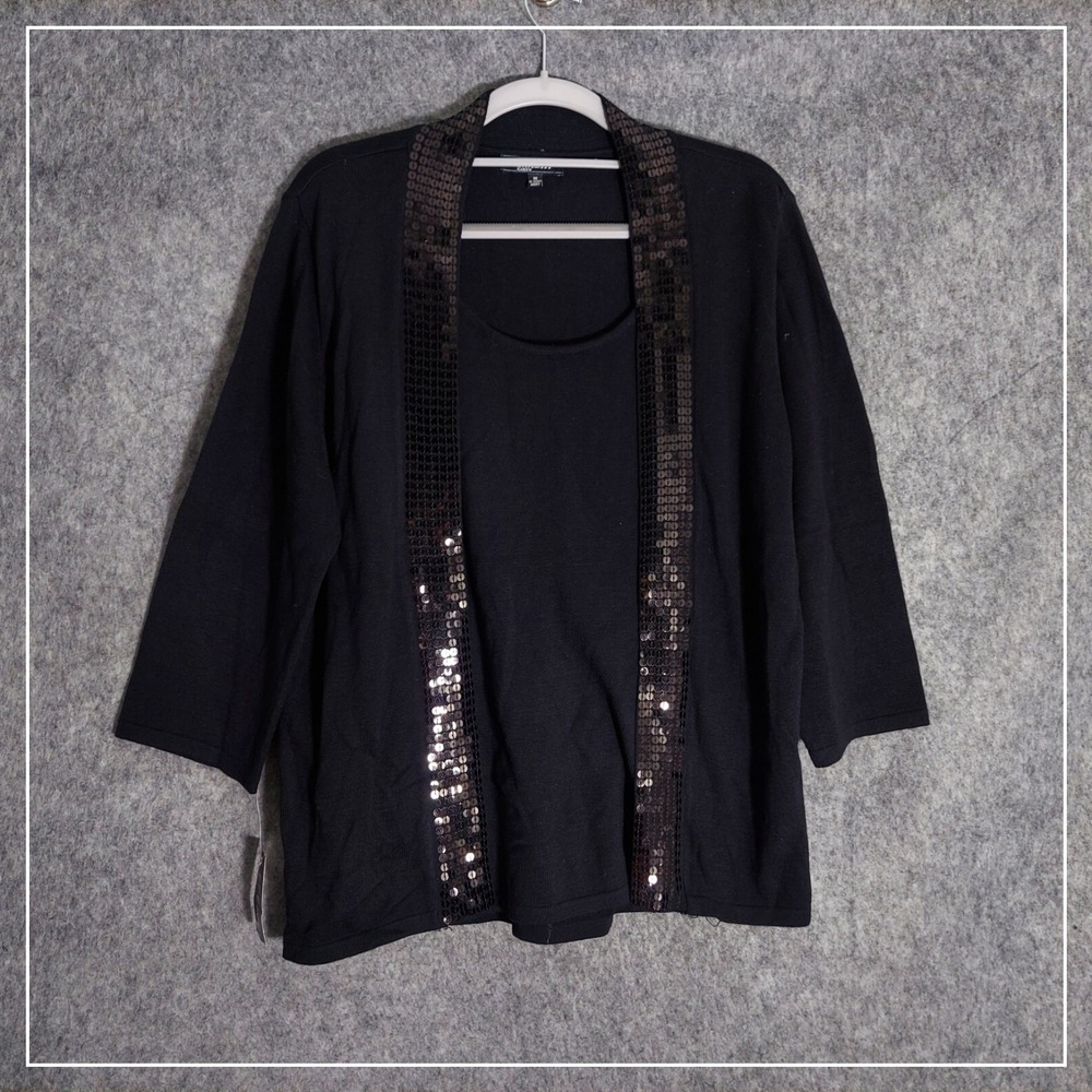 Elementz Woman Cardigan Women 1X‎ Black Sequin Trim Open Front Knit 3/4 Sleeve